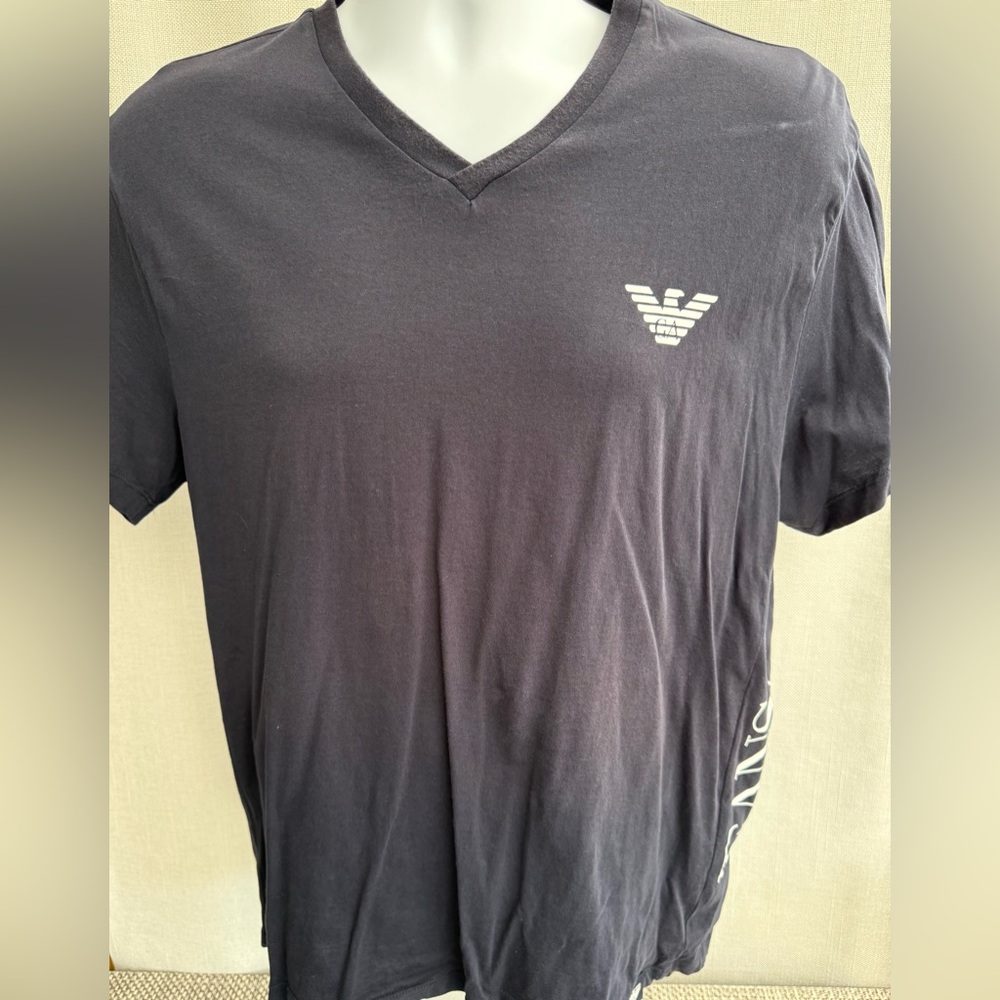 Armani Jeans Men's V-Neck Short Sleeve Tee - Black with White Logo